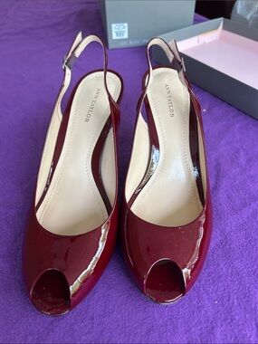 Ann Taylor Burgundy Patent Peep-Toe Slingback Heels